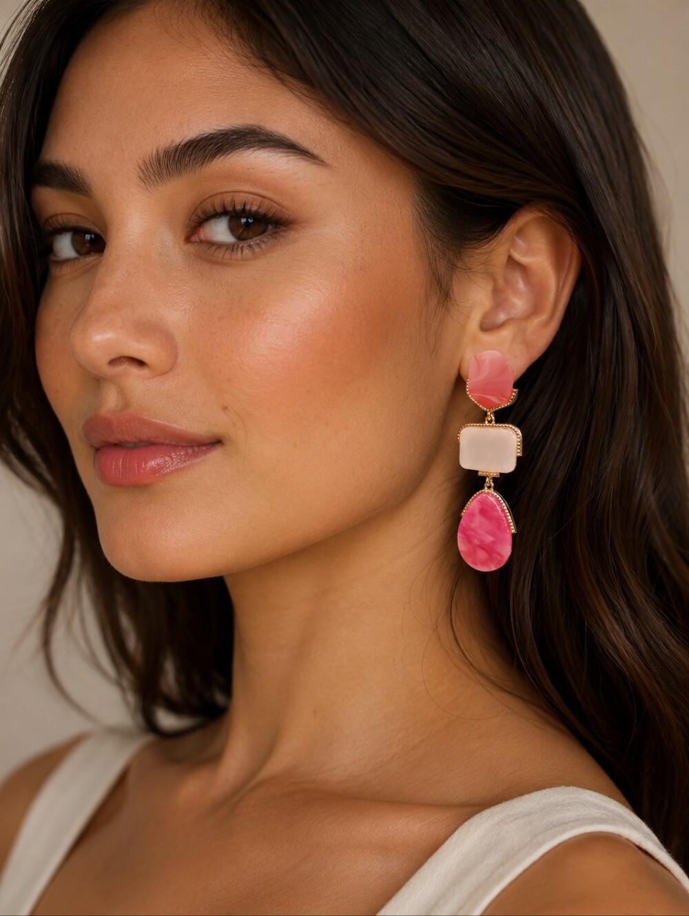 Geometric 3-Tier Drop Earrings – Pink/Ecru Resin Marble Statement Drops
